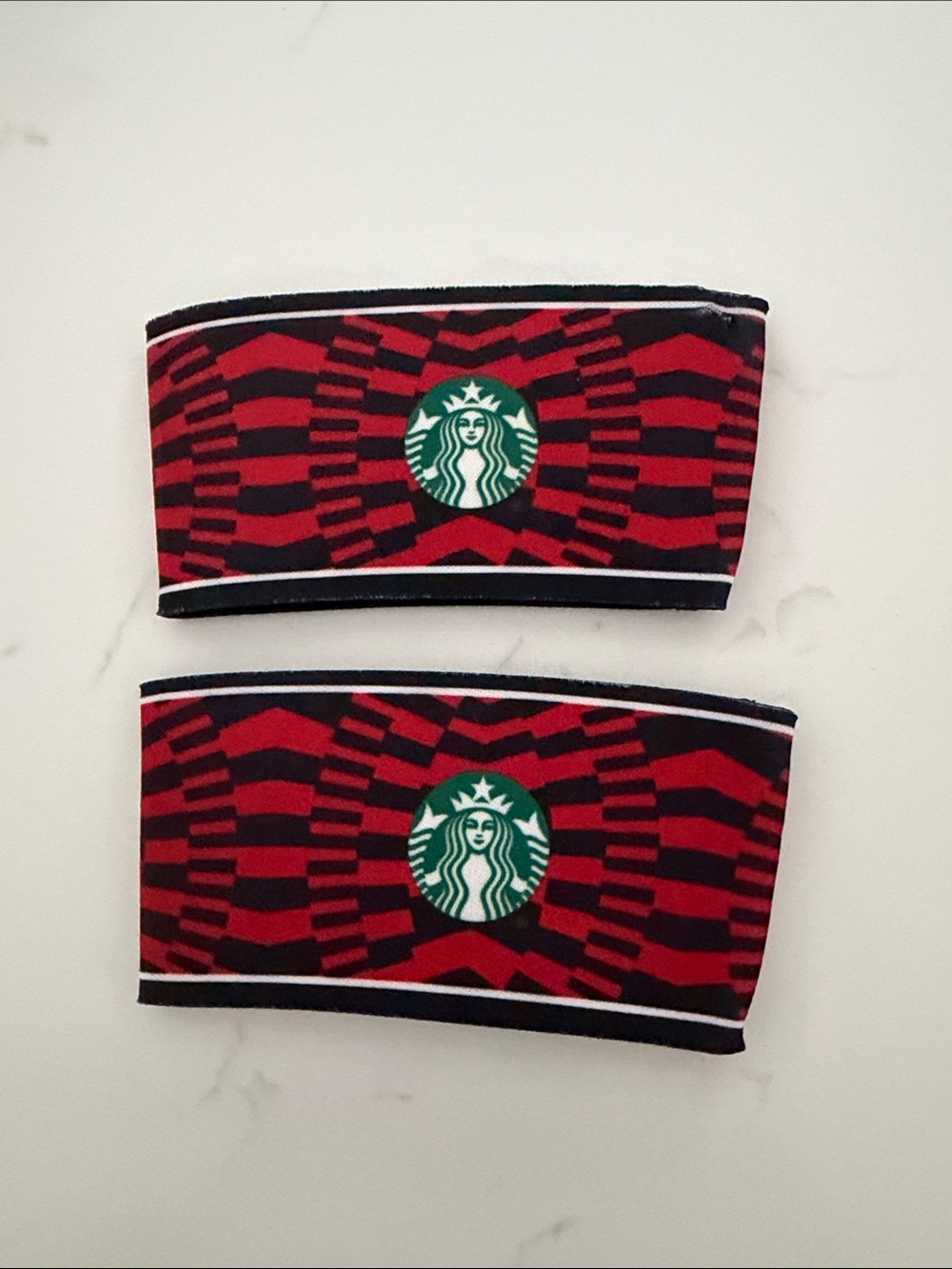 Two Starbucks USA Soccer World Cup Red, Black & Green Graphic Logo Cup Sleeves